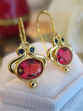 Vintage Art Deco Design 18K Gold Plate Red Tourmaline Blue Sapphire Earrings